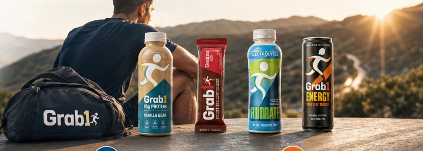 Athlete resting after training with Grab1 shakes in a gym bag